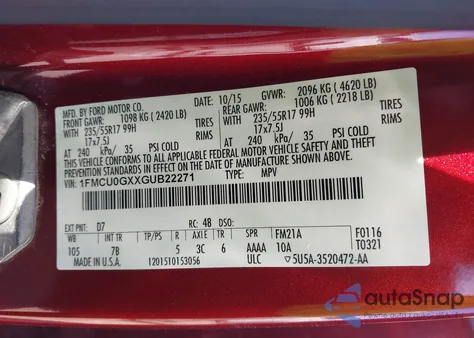 2016 Ford Escape Se from USA, damaged, VIN 1FMCU0GXXGUB22271